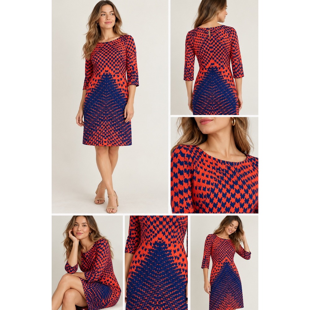 Cremieux Orange Navy Blue Geometric Houndstooth Sheath Dress Size 8 3/4 Sleeve